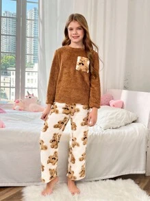 SHEIN 少女棕熊图案口袋运动衫和柔软毛绒熊印花睡裤两件套睡衣套装，舒适秋冬