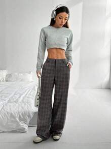 Flirla 1 件女士休闲、日常、户外、通勤格子低腰宽松直筒裤，灰色，复古 - 灰色 - 查看 5