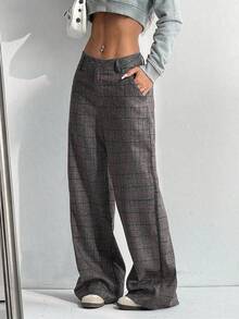 Flirla 1 件女士休闲、日常、户外、通勤格子低腰宽松直筒裤，灰色，复古 - 灰色 - 查看 6