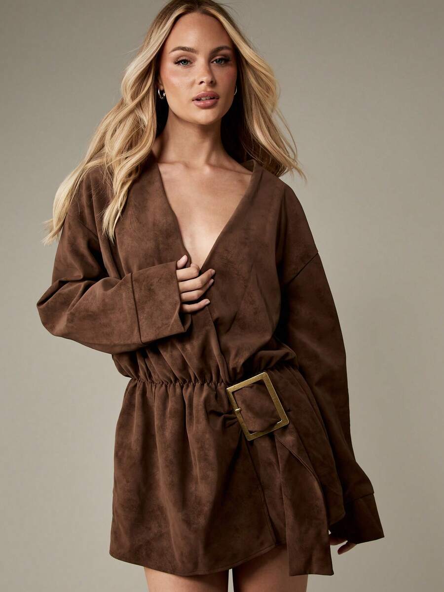 MISSGUIDED Suede Long Sleeve Mini Dress Winter Fall Wrap Front Party Evening Belt Buckle Detail Belted Deep V Neck Oversized Short Dress Brown - Coffee Brown - View 1