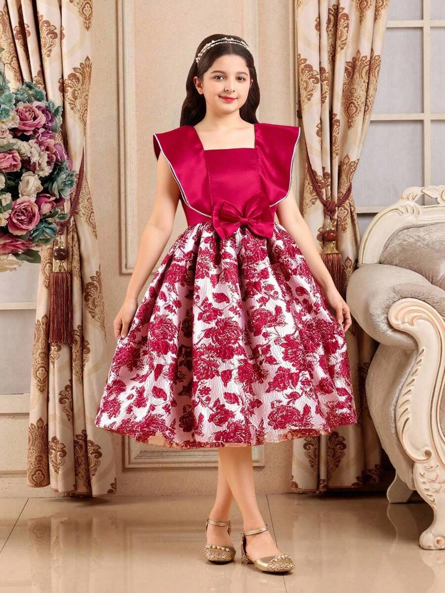 Vestido elegante de cetim com patchwork floral e jacquard com laço para meninas pré-adolescentes - Borgonha - Ver 1