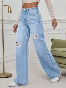 EMERY ROSE 大码女式无弹力做旧水洗宽松阔腿牛仔裤，浅蓝色优雅款 - 淺色水洗藍 - 查看 4