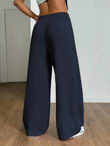 SHEIN PETITE Women's Summer Textured Fabric Straight Leg Pants Fall Cloth For Women - Navy Blue - View 2