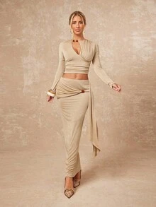 Lumalex Conjunto de Outono/Inverno Modesto e Elegante com Glitter para Festas, Raves, Festivais, Passeios na Praia, Férias, Estilo Boêmio, Estilo Boho, para Uso Externo, com Camadas Ricas, Ideal para Casamentos, Banquetes, Formaturas, Cerimônias de Maioridade, Praia e Beira-Mar. Conjunto de 2 Peças em Veludo Brilhante com Aplicações de Miçangas, Blusa de Manga Longa com Detalhe Franzido e Saia com Bainha Ondulada na Cintura Baixa. Disponível em Bege e Nude. Conjunto Elegante de 2 Peças para Baile de Formatura, Eventos Especiais como Al-Adha e Festas de Ano Novo. - Castanho Café - Ver 9