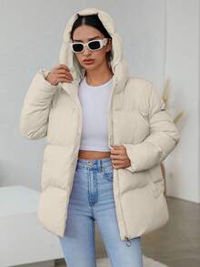 RueChic Của phụ nữ Xám Màu thuần áo có mũ Đệm Áo khoác - Màu be - Xem 3