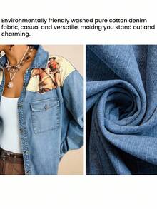 Freevana Áo sơ mi denim màu denim phong cách du mục đã giặt dành cho nữ cỡ lớn - Nhiều màu - Xem 3