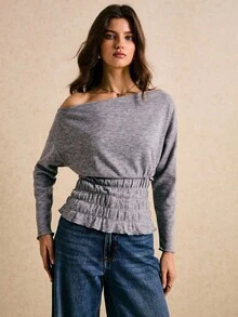 Poéselle 女士T恤，褶裥腰T恤，不对称领T恤，灰色T恤，舒适基础款打底衫，休闲女士纯色不对称领收腰T恤，春秋季女装，冬季女装 - 灰色 - 查看 7