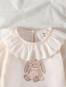 SHEIN Baby Girl Cartoon Rabbit Print Long Sleeve Ruffle Hem T-Shirt And Floral Print Pants Set Baby Girl Two Piece Set Fall Winter - Multicolor - View 3