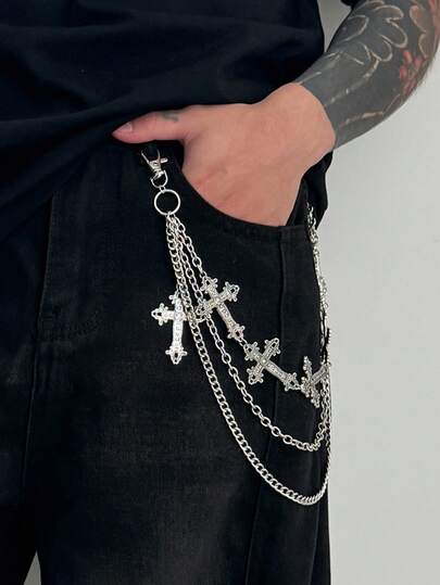 ROMWE Fairycore 1pc Vintage Punk Cross Waist Chain, Men's Hip Hop Personalized Multi-Layer Body Chain, Used For Pants Decoration