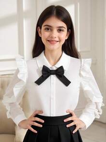 青春期女孩时尚复古白领衬衫，荷叶边袖设计，黑色蝴蝶结装饰，休闲校园风格 - 白色 - 查看 3