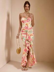 SHEIN BAE Váy Maxi thanh lịch, hở lưng, họa tiết hoa màu vàng/kem, xẻ tà cao, không tay, hở lưng, váy đi biển/nghỉ dưỡng, váy dạ hội dài chấm đất họa tiết hoa màu vàng - Vàng nhạt - Xem 4