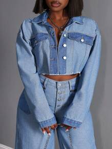 Áo khoác denim chắp vá họa tiết khối màu cỡ lớn, vai trễ, viền tua rua, mùa hè - Màu xanh lam - Xem 4