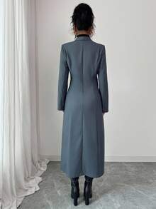 Elenzga 女士优雅高品质通勤办公室高端纽扣设计修身 A 字中长西装外套，秋冬女装 - 深灰色 - 查看 2