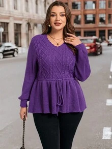 SHEIN Clasi Áo len chui đầu cỡ lớn, Áo len chui đầu thanh lịch cho mùa thu/đông, Áo len chui đầu bó eo, Áo len chui đầu tay dài, Áo len chui đầu cổ chữ V, Áo len màu tím, Áo len cỡ lớn, Áo len dệt kim cáp, Quần áo mùa thu - Màu tím - Xem 6