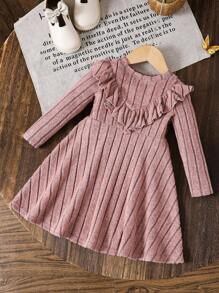SHEIN Baby Mädchen einfarbiges gestricktes Kleid mit rundem Ausschnitt und Rüschensaum, Lässig