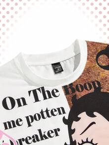 ROMWE MEN Betty Boop | ROMWE Men's Contrast Color Letter & Figure Graphic Round Neck Short Sleeve T-Shirt, Graphic Tee