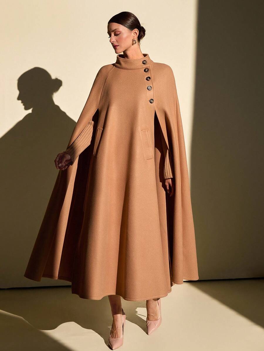 CLARA VERO Camel Wool Cape Overcoat For Women – Elegant Double-Breasted Winter Cloak With Belt, High Neck, And Button Details - Camel - View 1