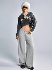 SHEIN Cottnline Versatile Lace Trim Loose Fit Sweatpants - Light Grey - View 5