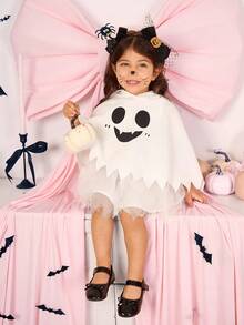 Baby Girl Halloween Cute Expression Print Mesh Patchwork Hooded Dress - White - View 5