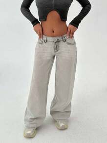 EURMUSE JEANS DE PIERNA ANCHA Y CINTURA BAJA PARA MUJER - Gris Claro - Ver 6