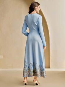 Anewsta Women's Elegant Round Neck Long Sleeve Printed Dress, Minimalist Design - Baby Blue - View 2