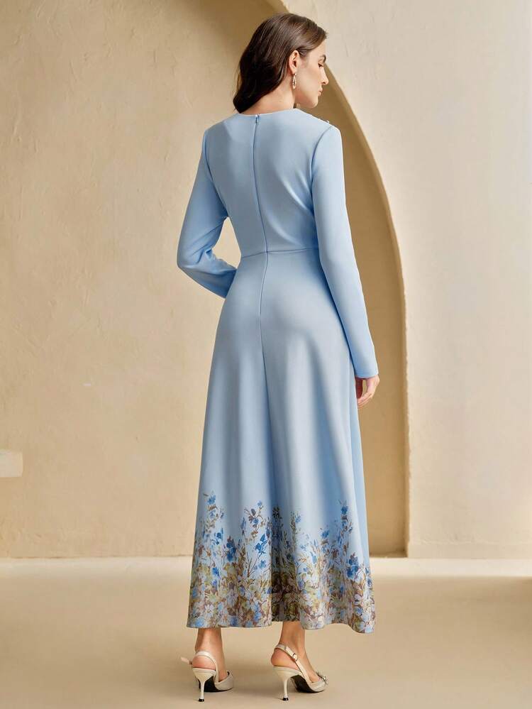 Women's Elegant Round Neck Long Sleeve Printed Dress, Minimalist Design