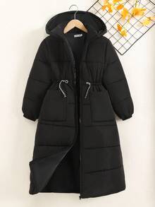 SHEIN 青少年女孩简约舒适百搭宽松纯色高领口袋抽绳腰部可调节连帽绗缝长款棉衣 - 黑色 - 查看 6