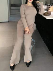 Dazy Plus مجموعة كنزة صوفية بياقة طاقم مع حافة مضبوطة وشق وبنطلون مصنوع من الصوف بساق متسعة، مقاسات كبيرة للنساء في فصل الخريف، قطعتان