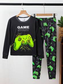 SHEIN 2 件套青少年男孩舒适贴身荧光游戏机图案纯黑色圆领长袖和长裤休闲家居睡衣套装 - 黑色 - 查看 3