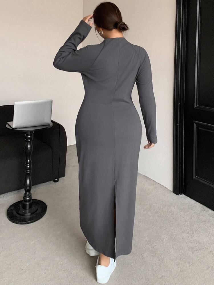 Dazy Plus Patchwork Letter Jacquard Half-Open Collar Zipper Solid Color Wrap Long Sleeve Maxi Dress For Plus Size Women, Street Style Fall,Winter