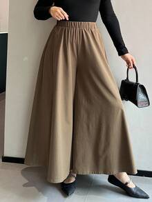 Dazy Plus Pantalones anchos de pierna ancha de unicolor con cintura elástica para mujer de talla grande, pantalones casuales de otoño