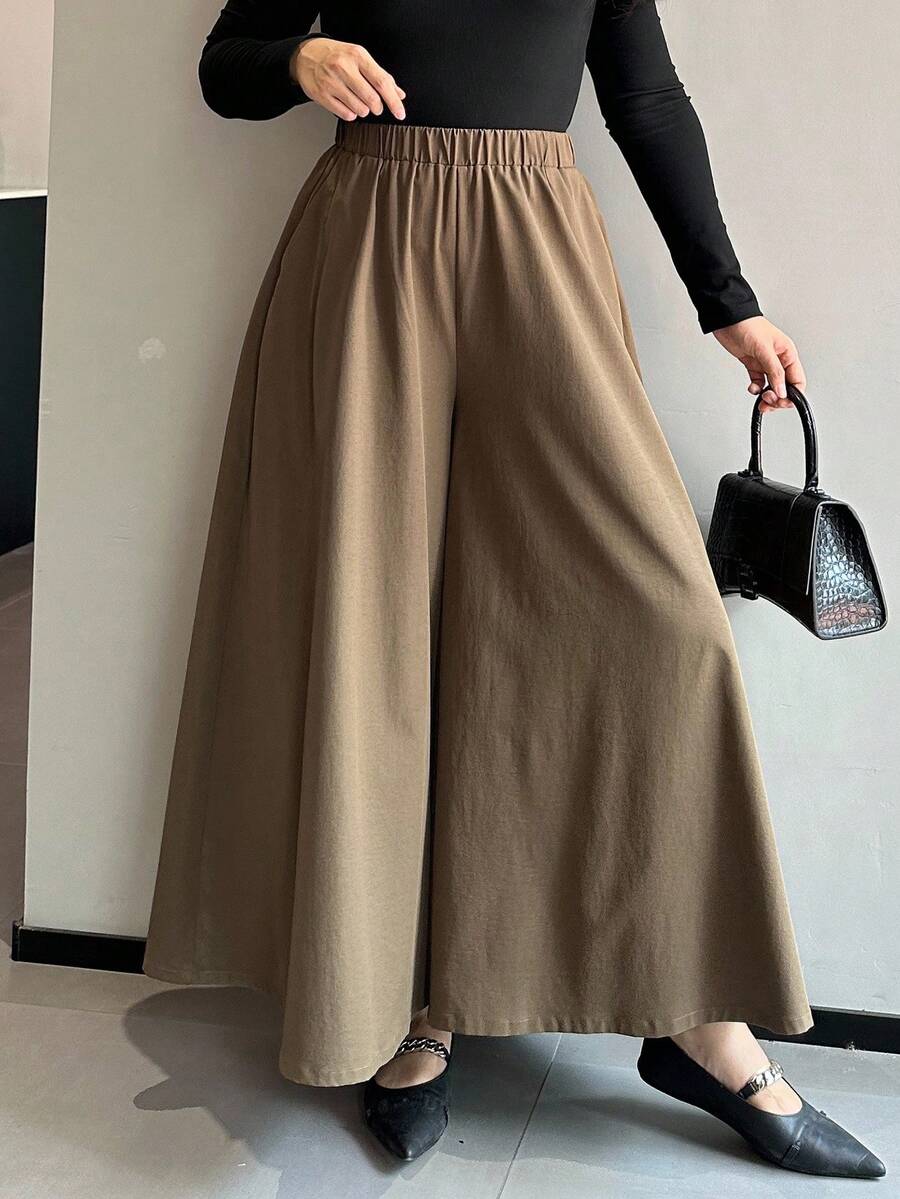 Dazy Plus Pantalones anchos de pierna ancha de unicolor con cintura elástica para mujer de talla grande, pantalones casuales de otoño