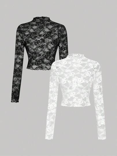 SHEIN MOD 女士两件套蕾丝透视长袖黑白上衣，秋冬女装，万圣节、派对、优雅、哥特、时尚，女士优雅透视花卉蕾丝长袖高领修身露脐上衣，时尚女士黑白薄纱蕾丝网纱高领长袖修身上衣，蕾丝长袖，黑白上衣