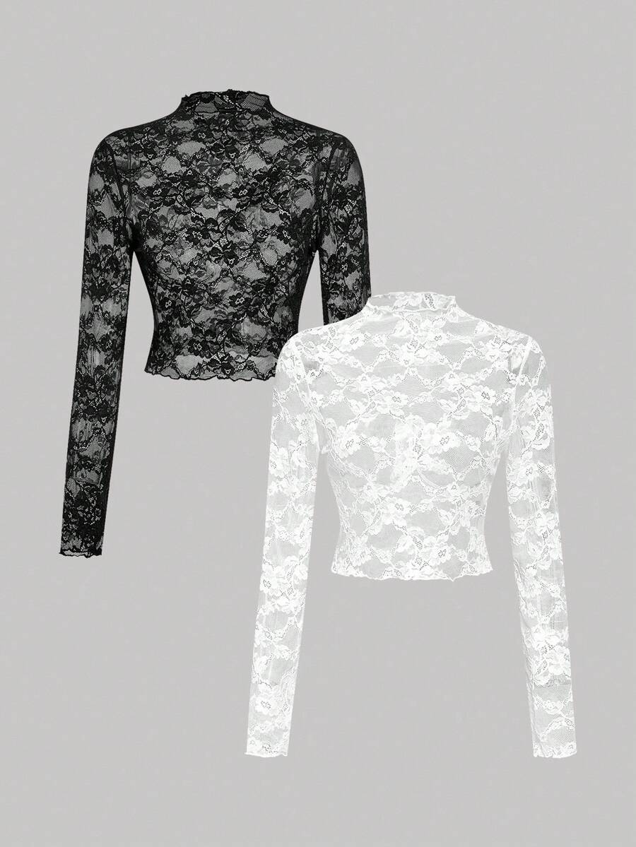 SHEIN MOD 女士两件套蕾丝透视长袖黑白上衣，秋冬女装，万圣节、派对、优雅、哥特、时尚，女士优雅透视花卉蕾丝长袖高领修身露脐上衣，时尚女士黑白薄纱蕾丝网纱高领长袖修身上衣，蕾丝长袖，黑白上衣 - 黑與白 - 查看 1