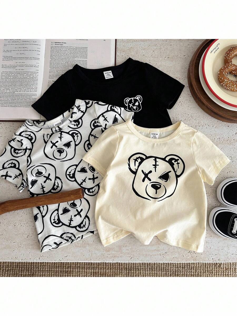 SHEIN 男嬰女嬰韓風小熊印花寬鬆短袖針織T恤套裝，三件套三種顏色，圓領設計