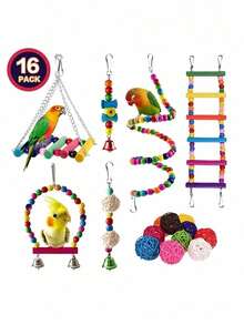 16pcs Bird Toys Set With Swing, Climbing Ropes, Spiral Standing Perch, Ladder, Hammock, Parrot Chew Toys - Multicolor - View 6