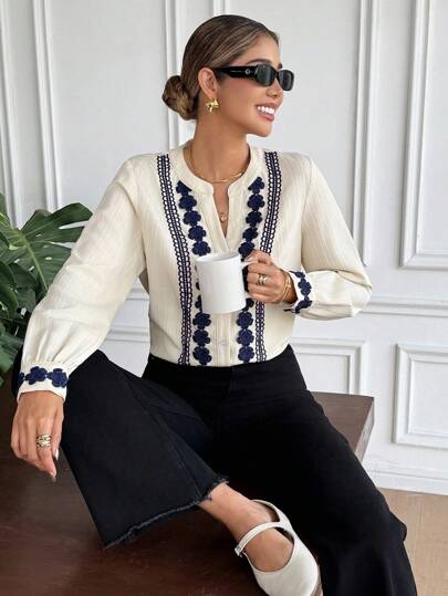 Serisse Women's French Casual Commuter Lace Long-Sleeved Shirt, Fall Women Clothes,Work Outfits For Women, Teacher Outfits For Women,Back To School Clothes, Embroidered Blouse, Work Blouse Winter Casual Spring