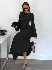 Siren Gaze 女士纯色简约长袖连衣裙，休闲日常穿着 - 黑色 - 查看 3