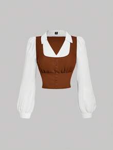 SHEIN MOD Plus Size Contrast Color Ruched Chest Collared Long Sleeve Shirt - Brown - View 1