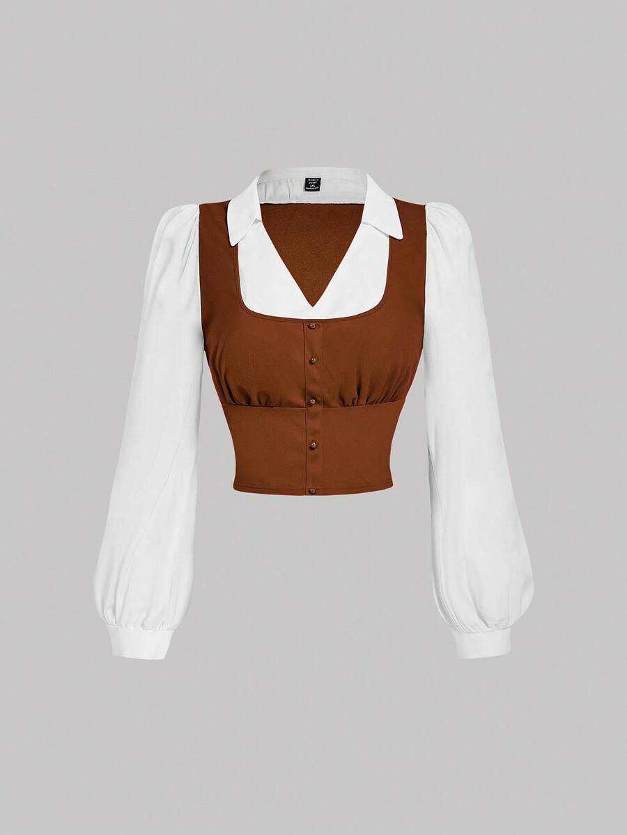 SHEIN MOD Plus Size Contrast Color Ruched Chest Collared Long Sleeve Shirt - Brown - View 1