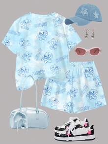 SHEIN 2 件可爱卡通蓝色兔子露露，史迪奇图案，海洋蓝色扎染少女休闲简约圆领短袖 T 恤和短裤套装，适合夏季