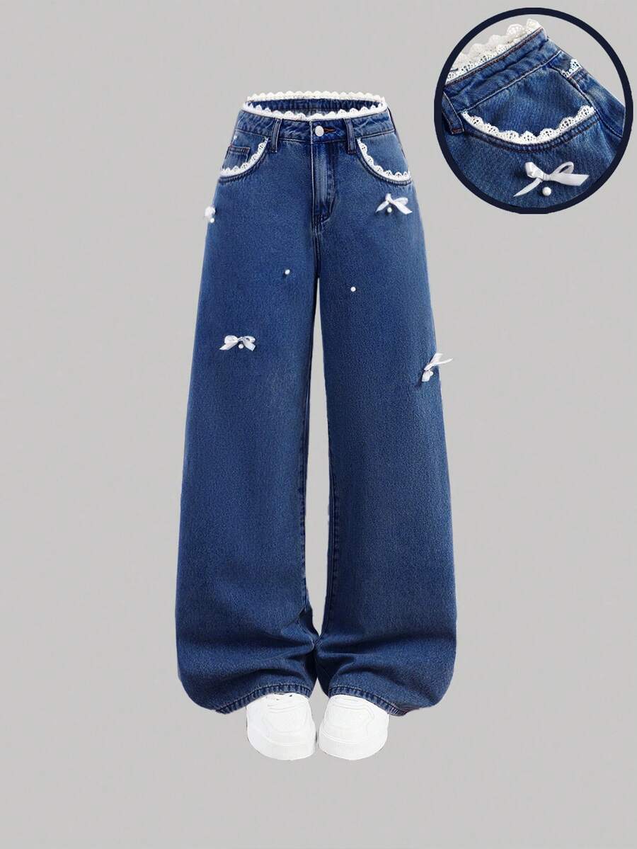 SHEIN Girlism 少女白色蕾丝边串珠口袋宽腿宽松蓝色牛仔裤 - 深色水洗藍 - 查看 1