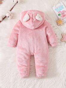 新生女婴卡通云朵图案贴花拉链连帽保暖法兰绒连体衣 适合秋冬季