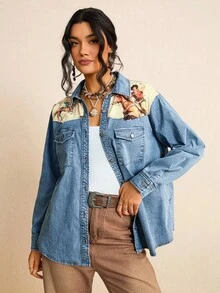 Freevana Áo sơ mi denim màu denim phong cách du mục đã giặt dành cho nữ cỡ lớn - Nhiều màu - Xem 5