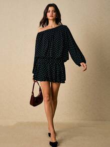Poéselle 女式圆点印花露肩灯笼袖荷叶边下摆时尚迷你连衣裙 - 黑色 - 查看 6