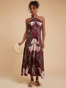 Travachic Women's Halter Backless Sleeveless Plant Pattern Print Dress Fall Outfits Women Winter Clothes For Women Halter Maxi Dress Tropical Print Maxi Dress Vacation Maxi Dress Dinner Maxi Dress,Casual Woman Style, Fall Outfits For Women, Chic Autumn,Going Out Outfit,Elegant Outfits,Country Style For Women, Beach Wedding Guest Dress - Multicolor - View 4