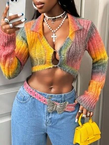 BamGleam Women's Long Sleeve Cardigan Short Shirt Collar Color Block Sexy Knit Sweater Fall Winter Cloth For Women