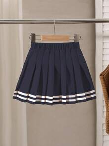 SHEIN Genkimix Kids Jupe plissée bleu royal pour jeunes filles avec ceinture tissée et bordure décorative - bleu indigo - Voir 2