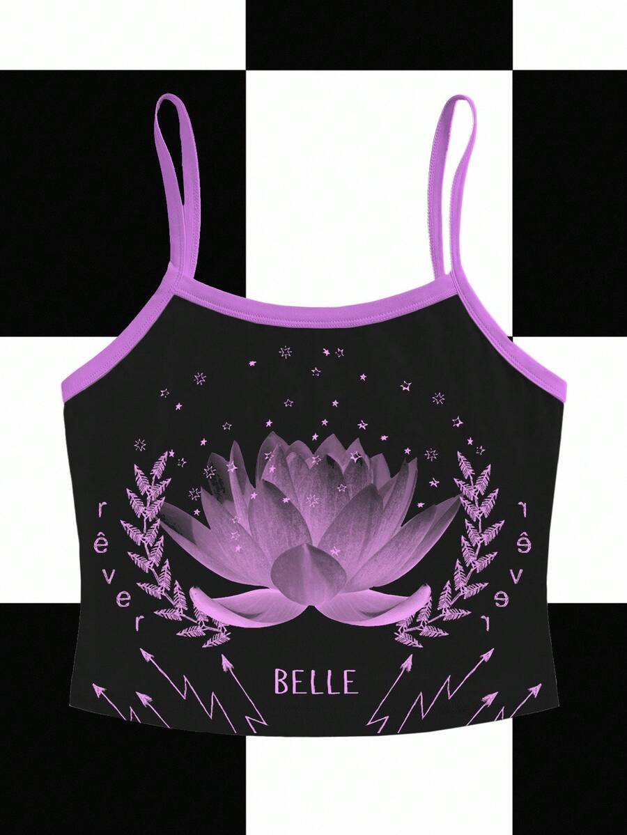 NEARLY THERE Áo ba lỗ lửng họa tiết hoa sen màu đen tương phản Y2K cổ điển gợi cảm, thường ngày, dạo phố, thích hợp cho các bữa tiệc mùa thu/đông, tụ tập và mặc hàng ngày Áo crop top màu tím họa tiết phụ nữ - màu đen - Xem 1