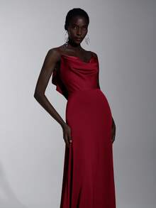 Elitara 优雅的荷叶边肩带伴娘礼服，红色 - 紅色 - 查看 5